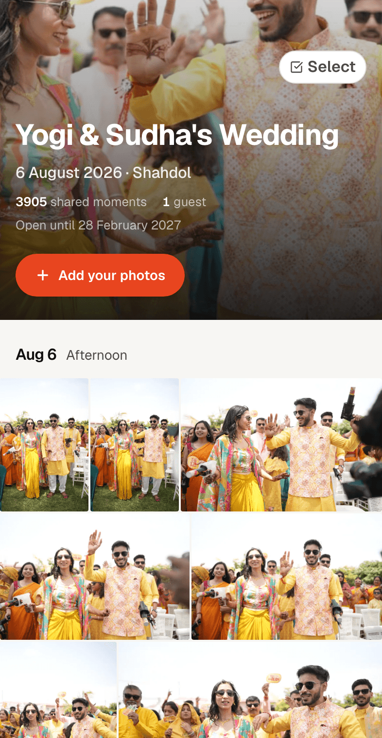 GuestDrop gallery on a phone: the event title and an Add your photos button above the guest photo grid