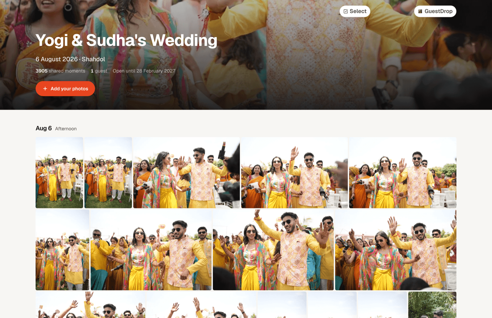GuestDrop gallery on desktop: a wedding cover photo above guest photos grouped by day